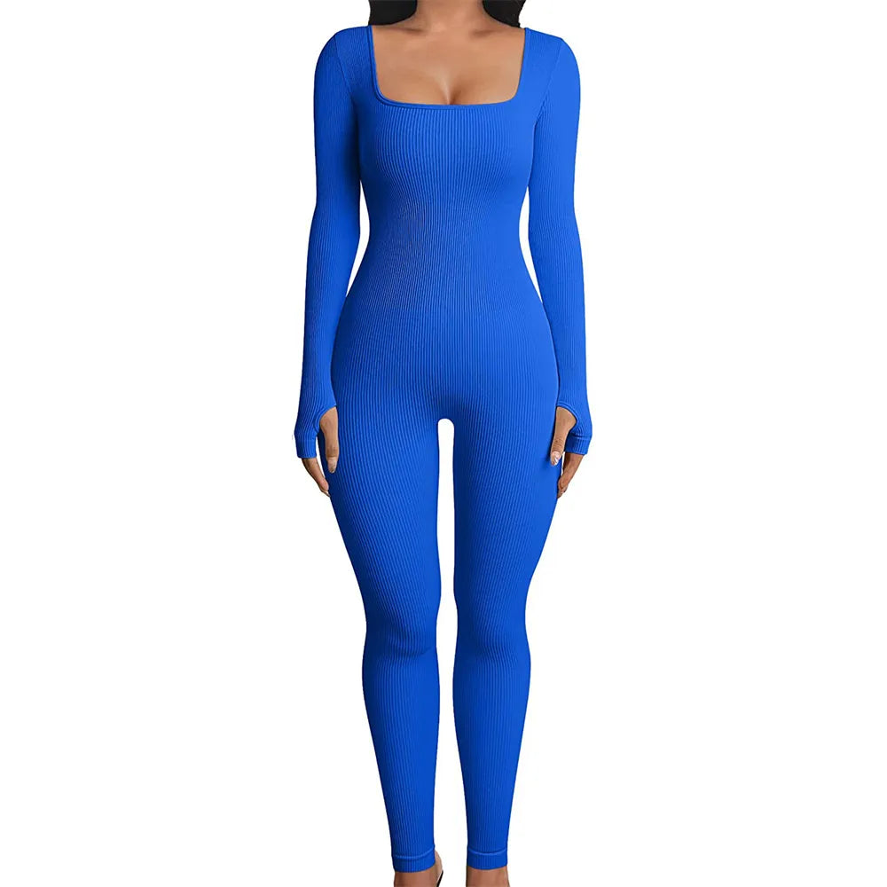 Blue Ribbed Knit Jumpsuit