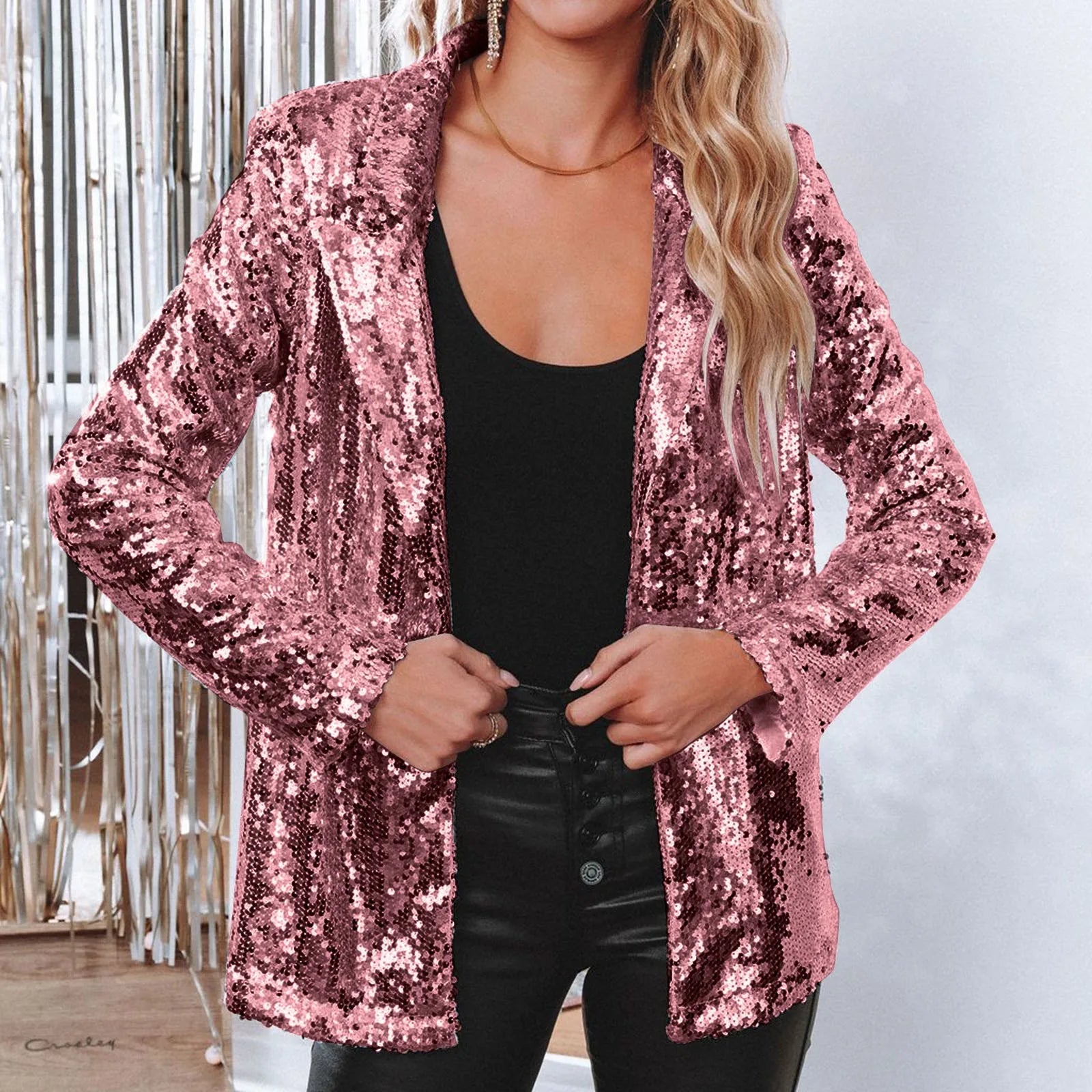 Pink Open Closure Sequin Blazer
