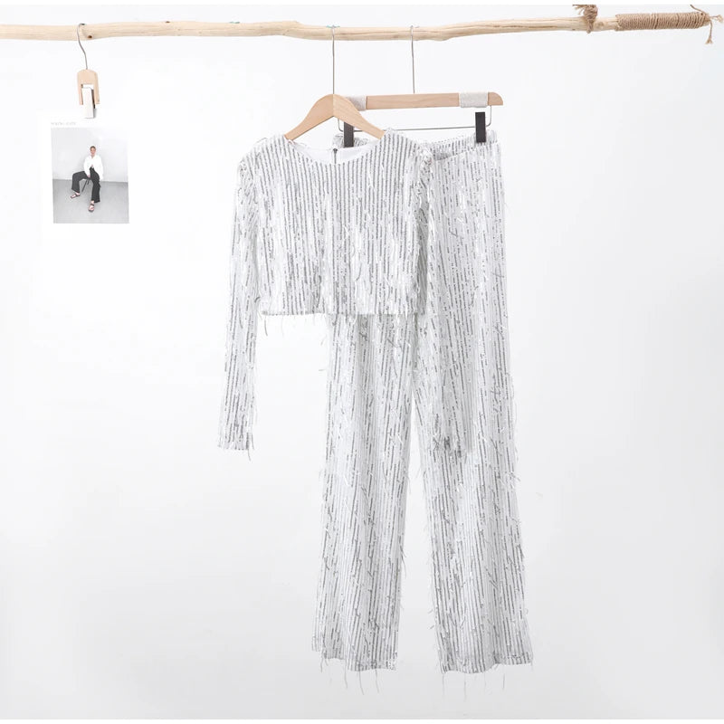 White Tassel Sequin 2 Piece Pant Set