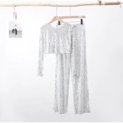 White Tassel Sequin 2 Piece Pant Set