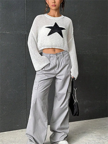 Star Cropped Sweater in White