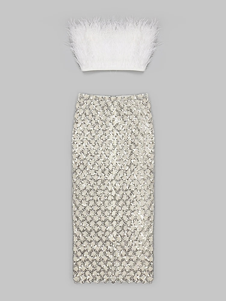 Strapless Feathered Top Sequined Skirt