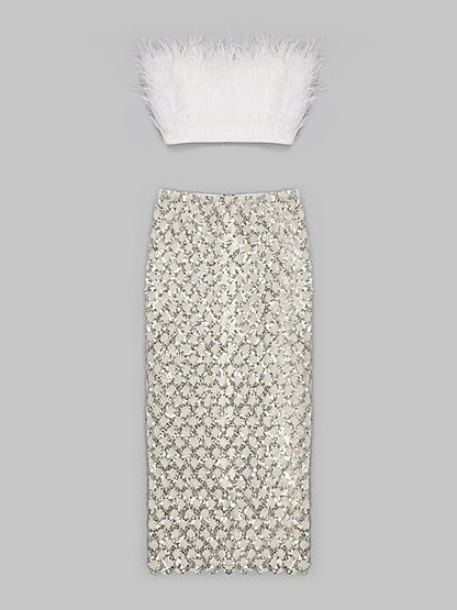 Strapless Feathered Top Sequined Skirt
