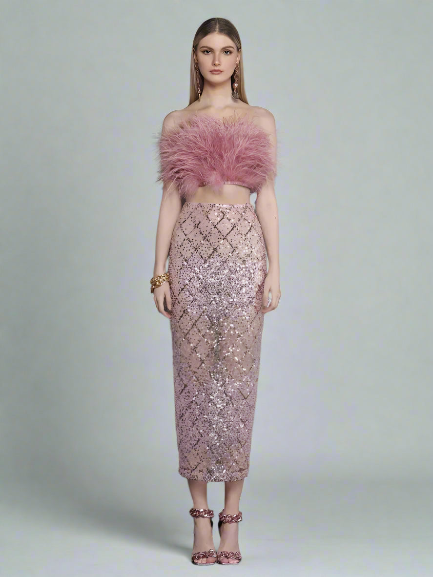 Strapless Pink Feathered Top Sequin Skirt
