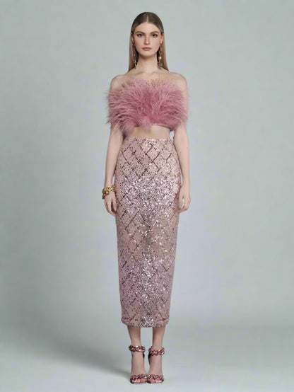Strapless Pink Feathered Top Sequin Skirt