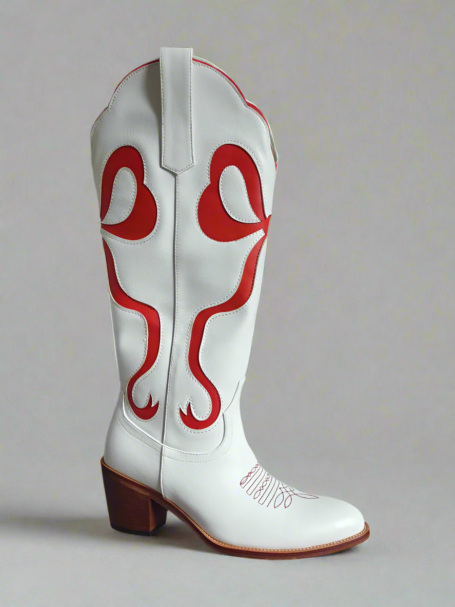 White Boots With Red Bow Inlay