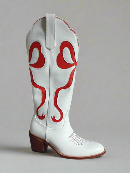 White Boots With Red Bow Inlay