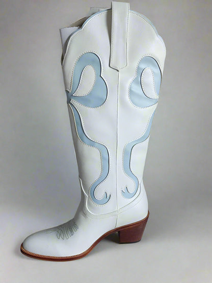White Boots with Blue Bow Inlay