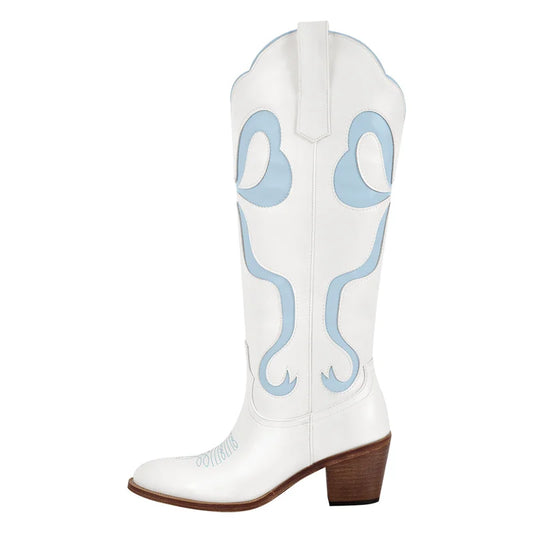 White Knee High Boots with Blue Bow Inlay