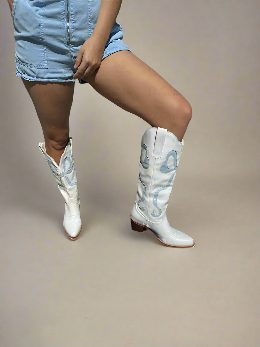 White Square Heel Blue Bow Inlay Boots