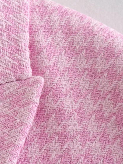 Dreamofthe90s Pink Houndstooth Cropped Blazer And Skort Suit Set