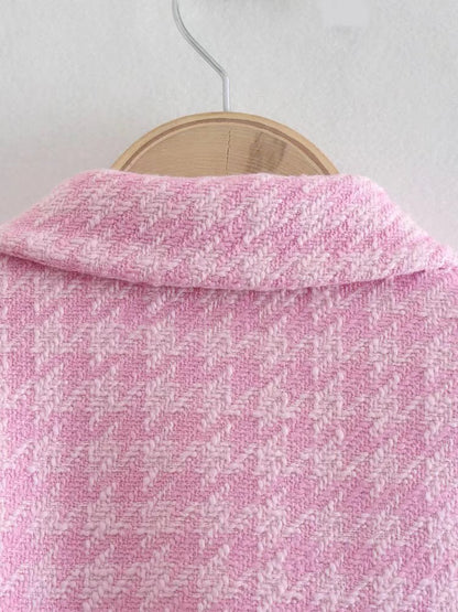 Dreamofthe90s Pink Houndstooth Cropped Blazer And Skort Suit Set