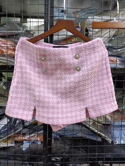 Dreamofthe90s Pink Houndstooth Cropped Blazer And Skort Suit Set
