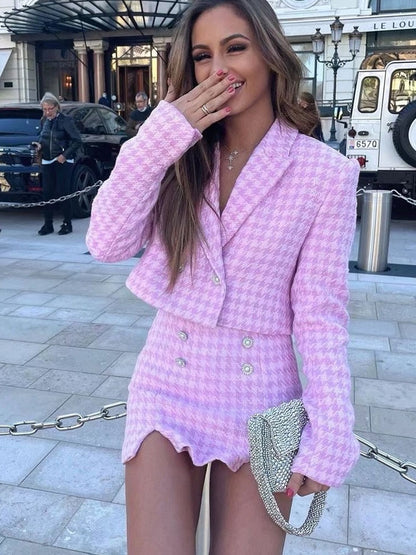Dreamofthe90s Pink Houndstooth Cropped Blazer And Skort Suit Set