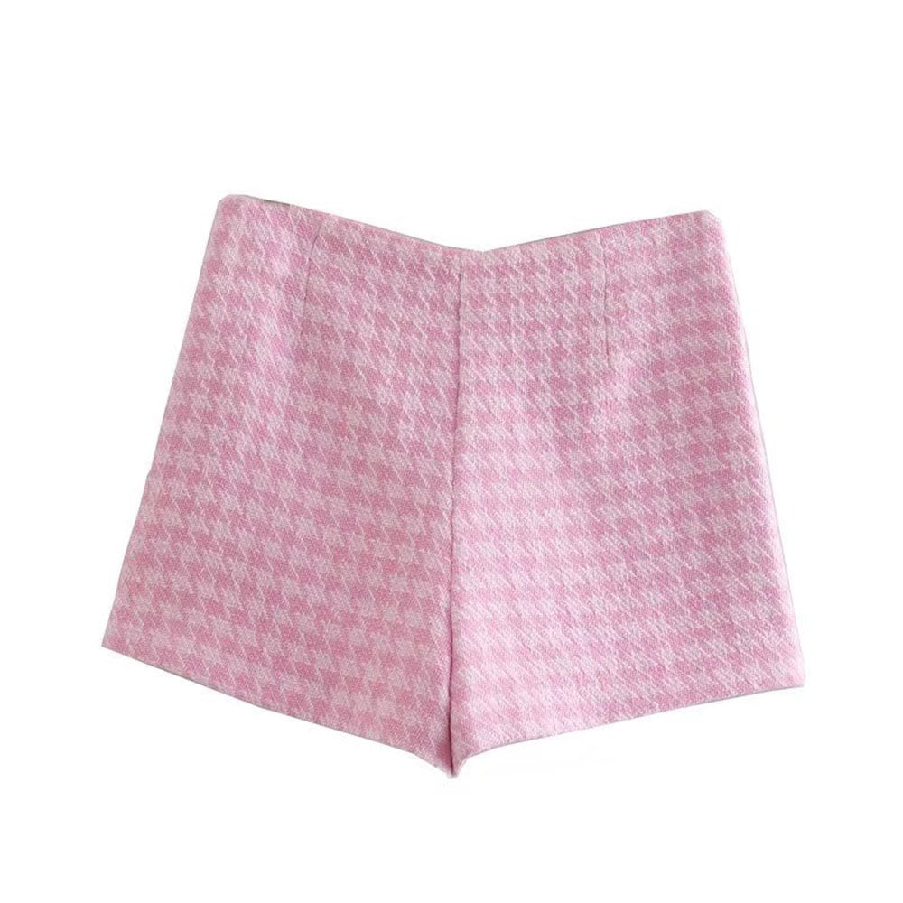 Dreamofthe90s Pink Houndstooth Cropped Blazer And Skort Suit Set