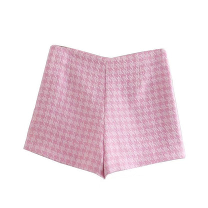 Dreamofthe90s Pink Houndstooth Cropped Blazer And Skort Suit Set