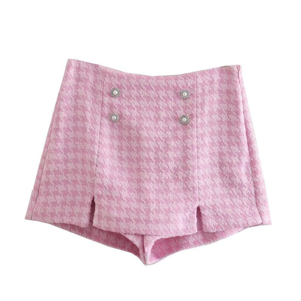 Dreamofthe90s Pink Houndstooth Cropped Blazer And Skort Suit Set