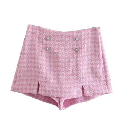 Dreamofthe90s Pink Houndstooth Cropped Blazer And Skort Suit Set