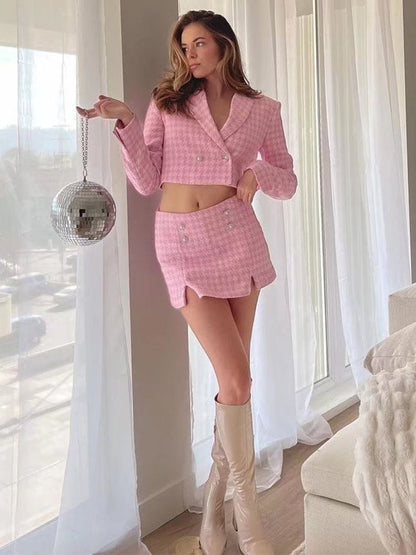 Dreamofthe90s Pink Houndstooth Cropped Blazer And Skort Suit Set