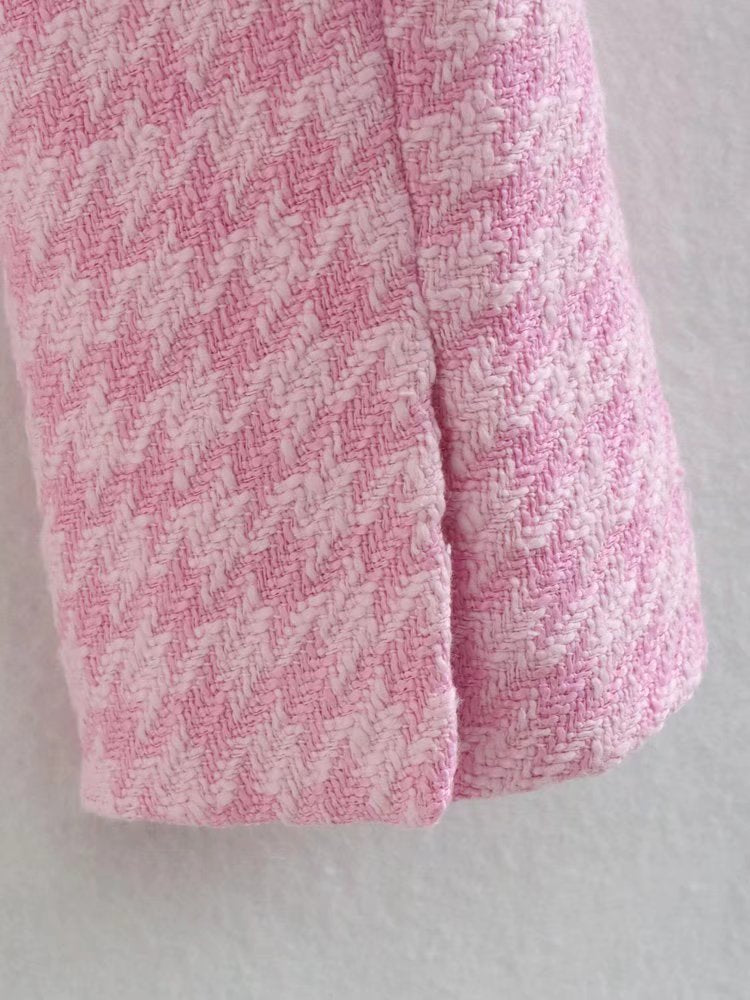 Dreamofthe90s Pink Houndstooth Cropped Blazer And Skort Suit Set