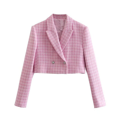 Dreamofthe90s Pink Houndstooth Cropped Blazer And Skort Suit Set