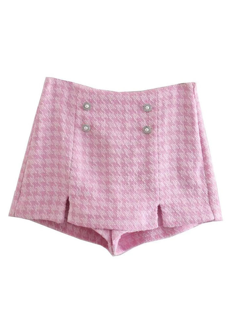 Dreamofthe90s Pink Houndstooth Cropped Blazer And Skort Suit Set