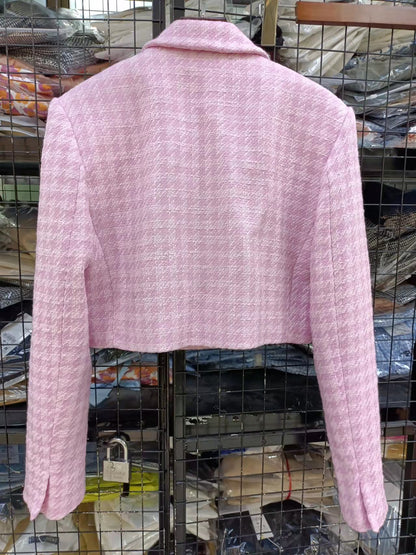 Dreamofthe90s Pink Houndstooth Cropped Blazer And Skort Suit Set