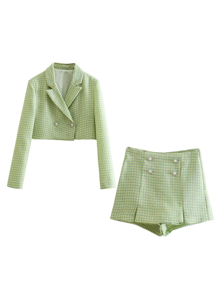 Dreamofthe90s Pink Houndstooth Cropped Blazer And Skort Suit Set